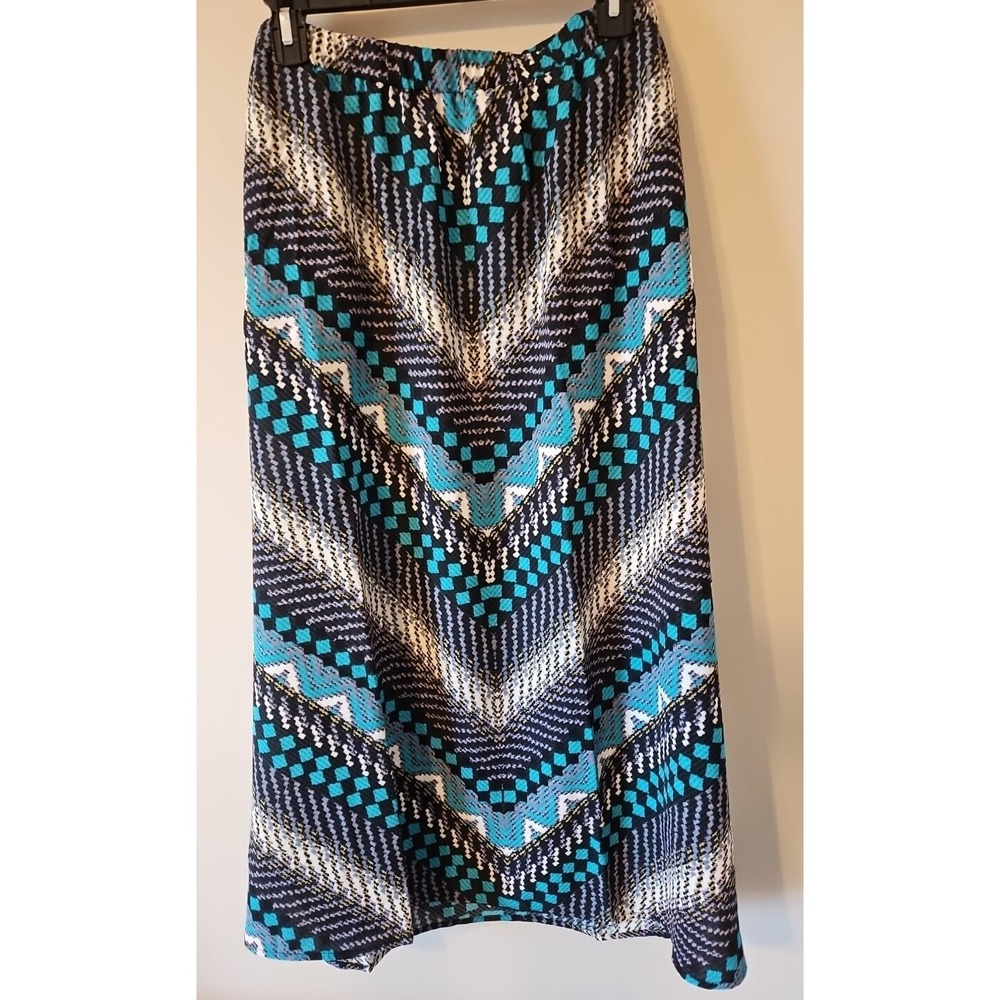 Bob Mackie Skirt Women M Blue Pull on Elastic Waist Pockets Southwest Artsy Midi